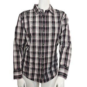 ROCK 47 BY WRANGLER Pink/Black/Grey Plaid Embroidered Western Shirt Size XXL